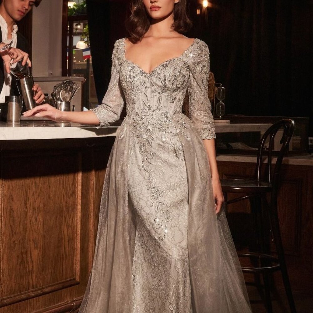 Black/nude or silver formal mother of the bride dress. 3/4  long sleeve gown